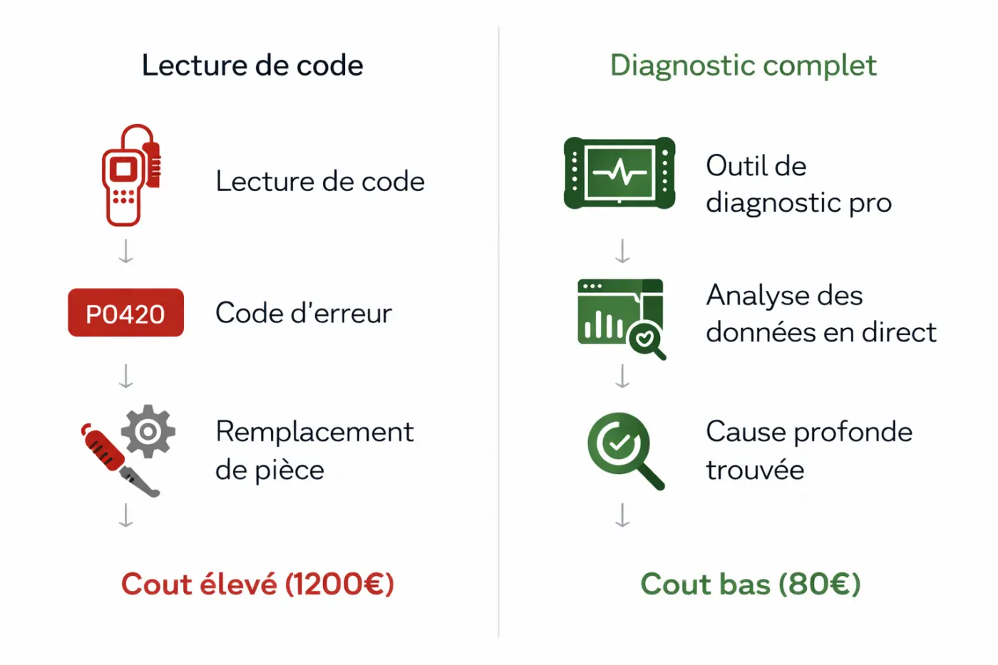 Schéma comparatif : lecture de code défaut vs diagnostic électronique complet